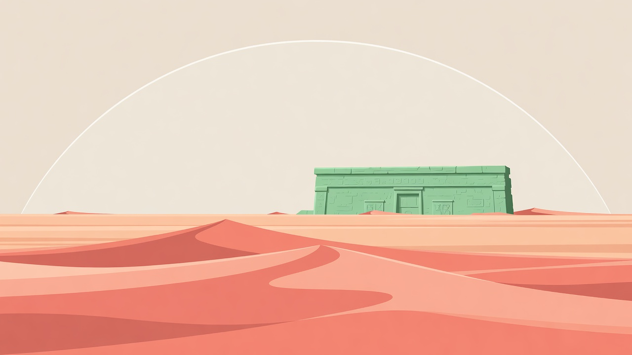 Flat vector illustration of layered coral dunes meeting a long flat horizon with a carved stone facade in mint shadow