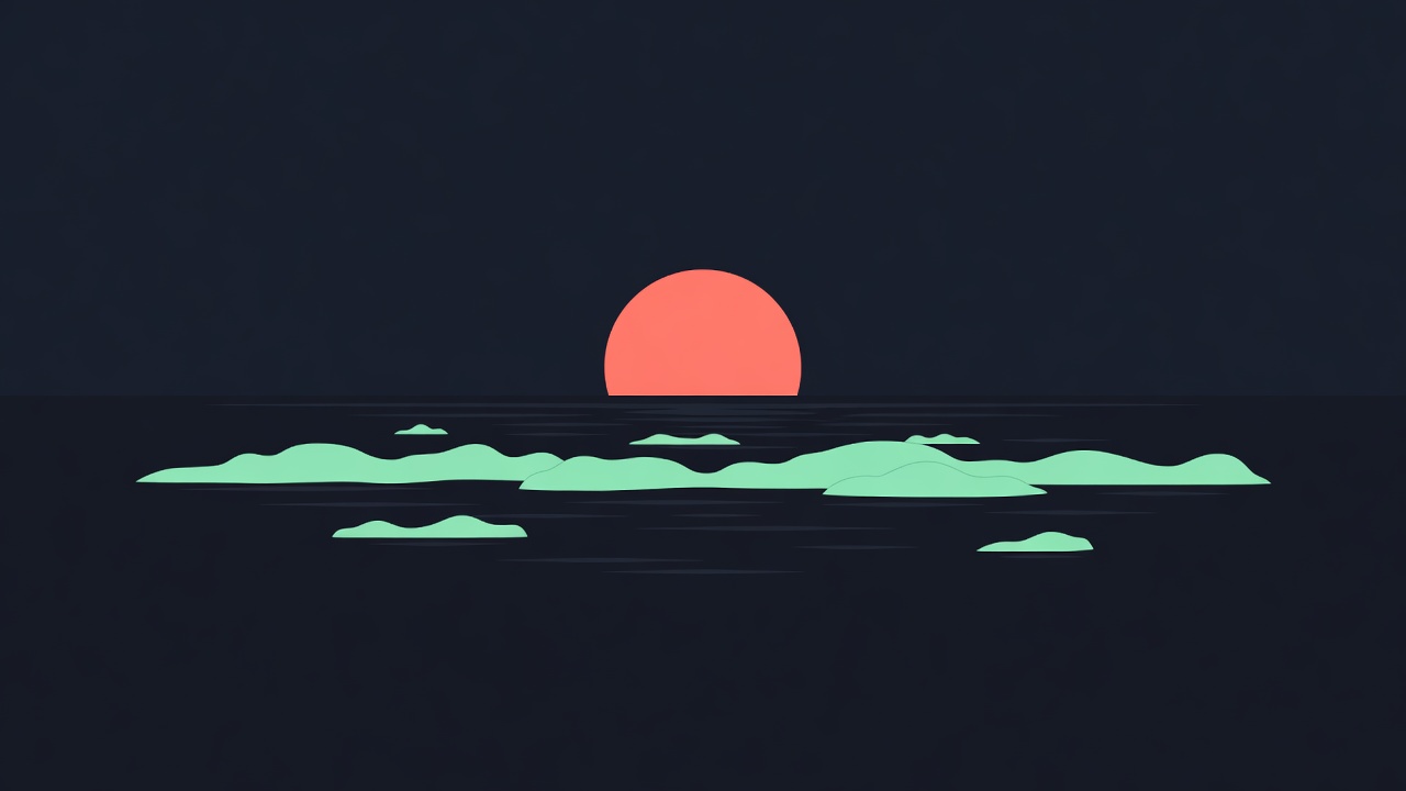 Flat vector illustration of a chain of mint green islands on a calm dark sea with a coral sun low on the horizon