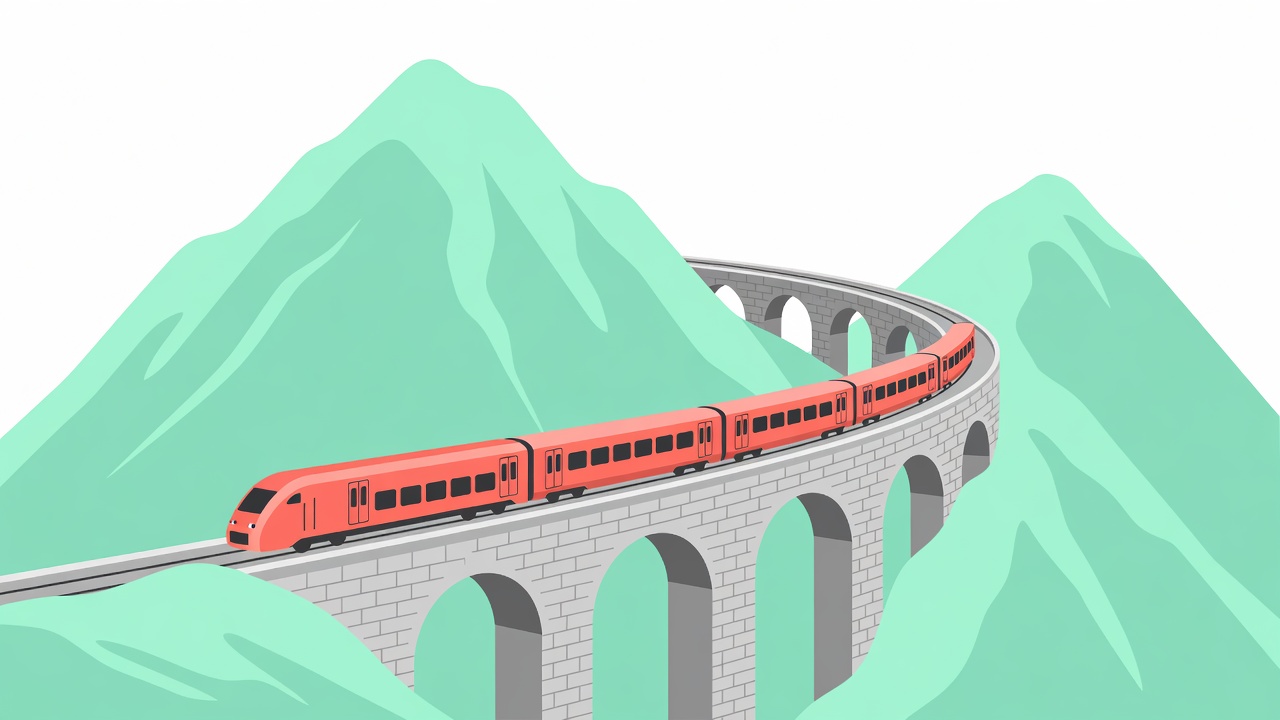 Flat vector illustration of a coral train crossing a curved stone viaduct between mint green mountains