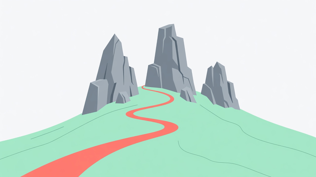 Flat vector illustration of a coral walking trail winding along a mint green ridge beneath three jagged granite towers